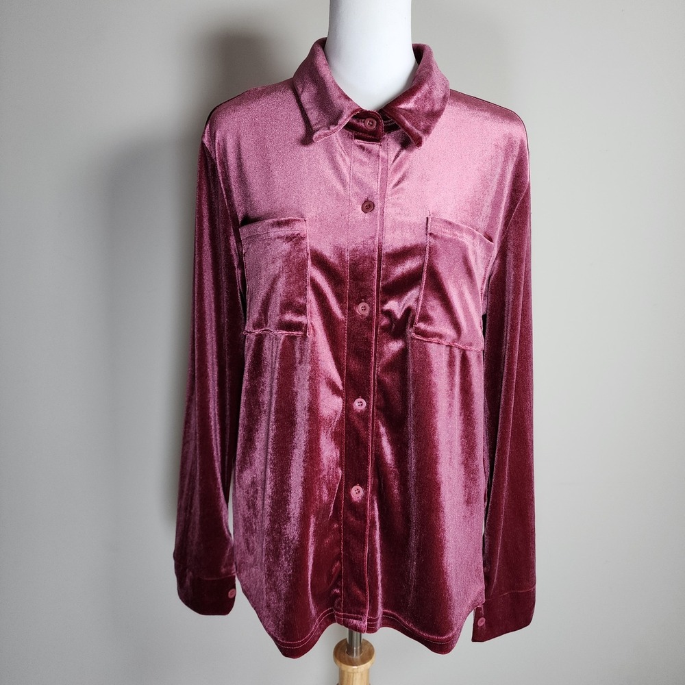 Raspberry Velvet‎ Shirt Womens Large Blouse Retro Stretch Party Blouse Holidays